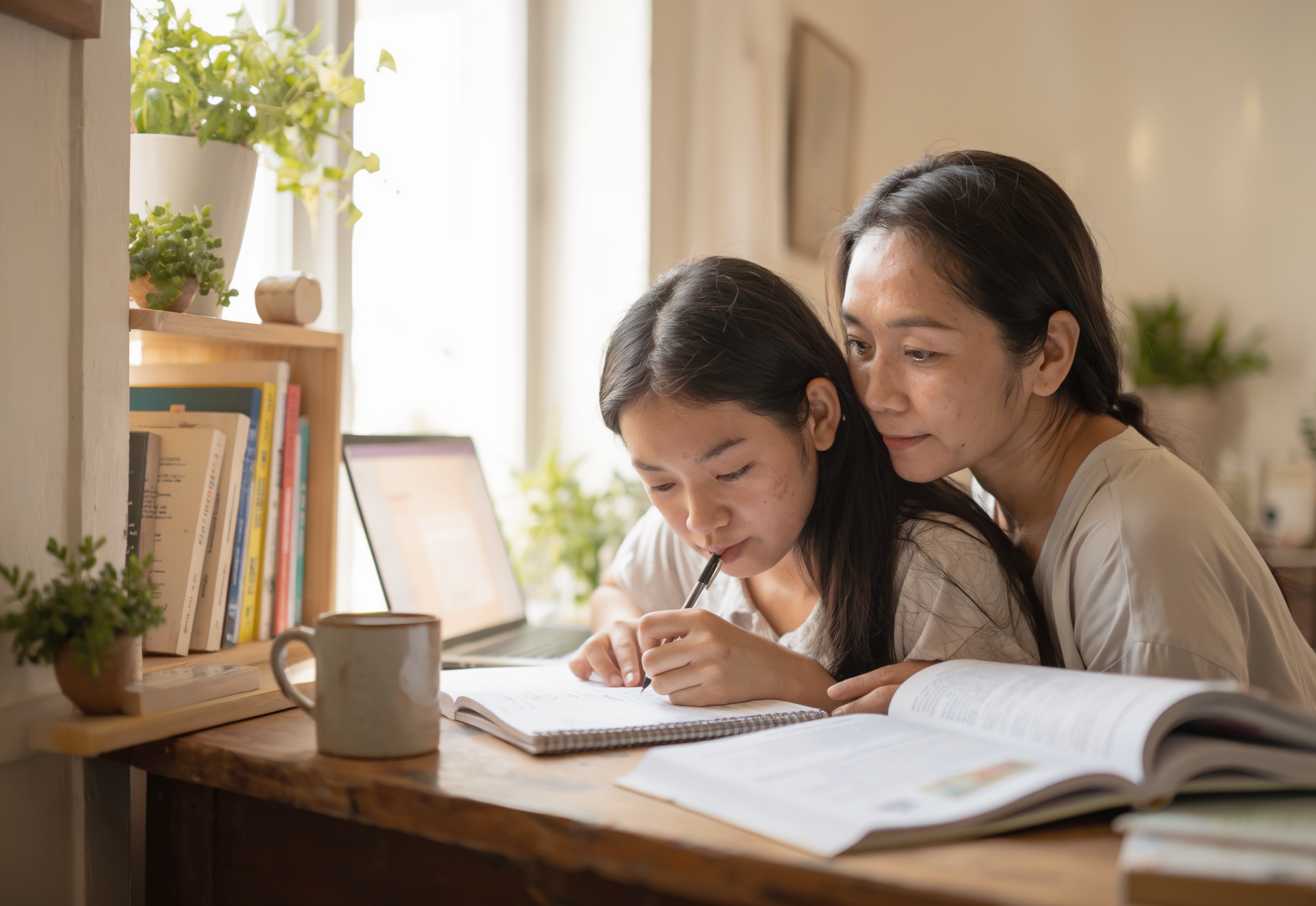 A Filipino parent helping their child study at home